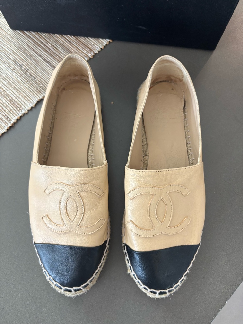 CHANEL Beige Leather Espadrilles with Black Cap Toe